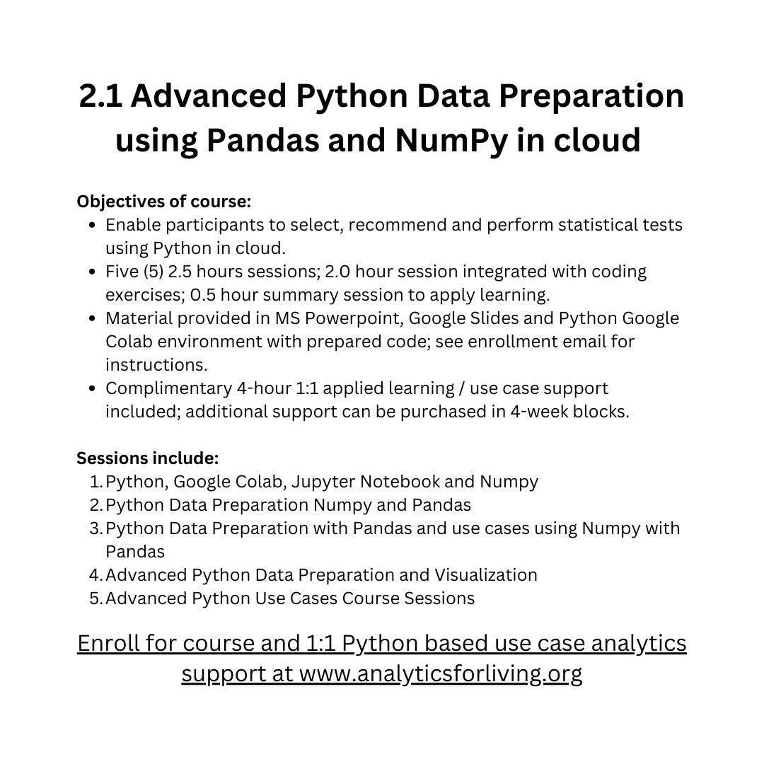 2.1 Advanced Python Data Preparation using Pandas and NumPy in cloud environment -and- 1:1 use case support to apply learning (10-20 hours)